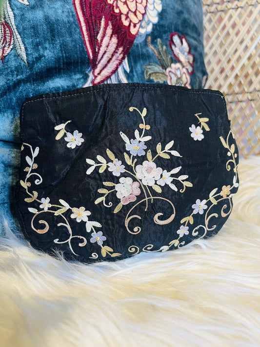 Vintage 1920s Embroidered Bag Small Antique Floral Clutch Purse With Mirror