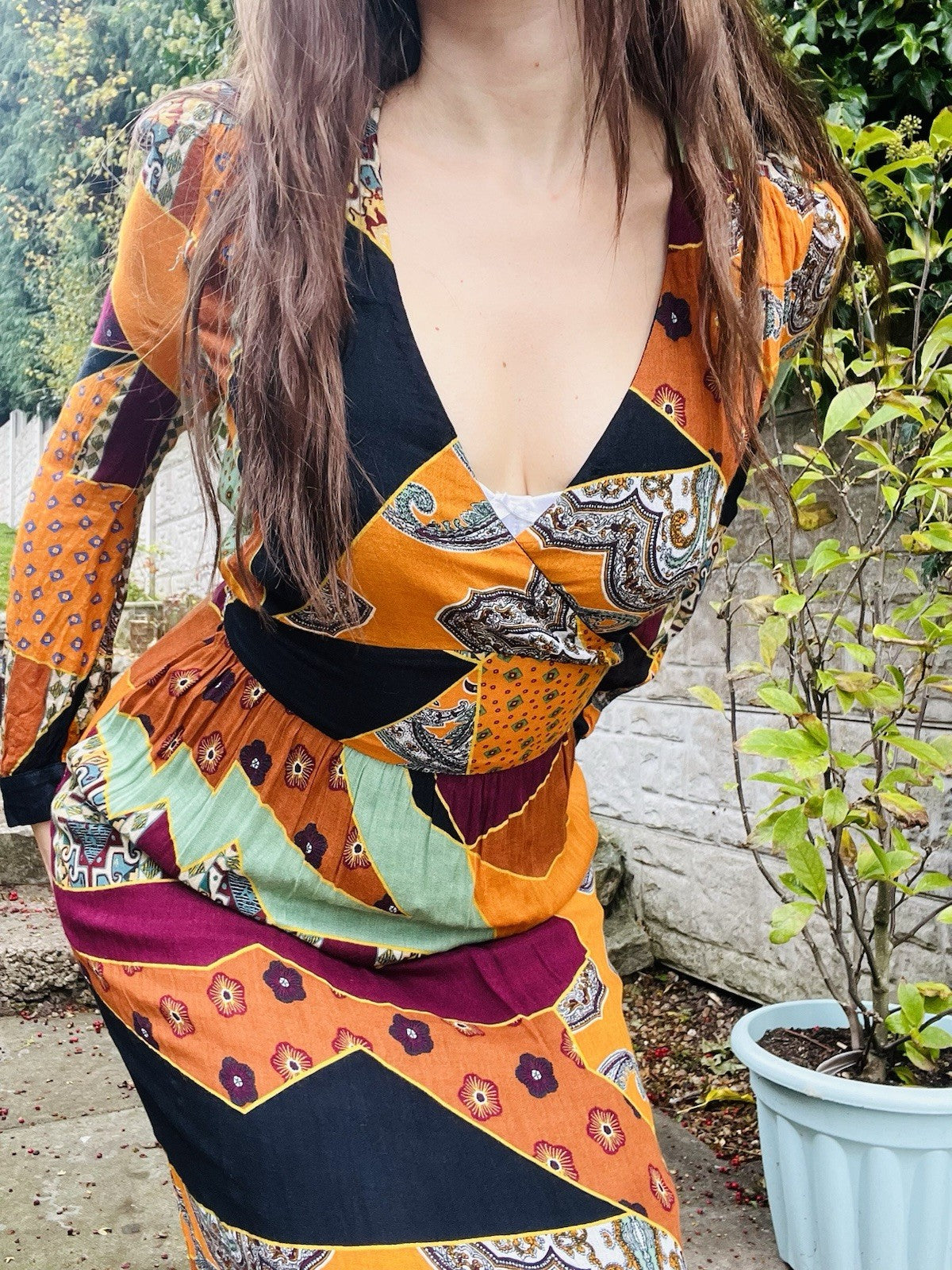 Long Sleeved Maxi Dress By Reserved Size 8-10 Orange Boho Hippie Retro Style
