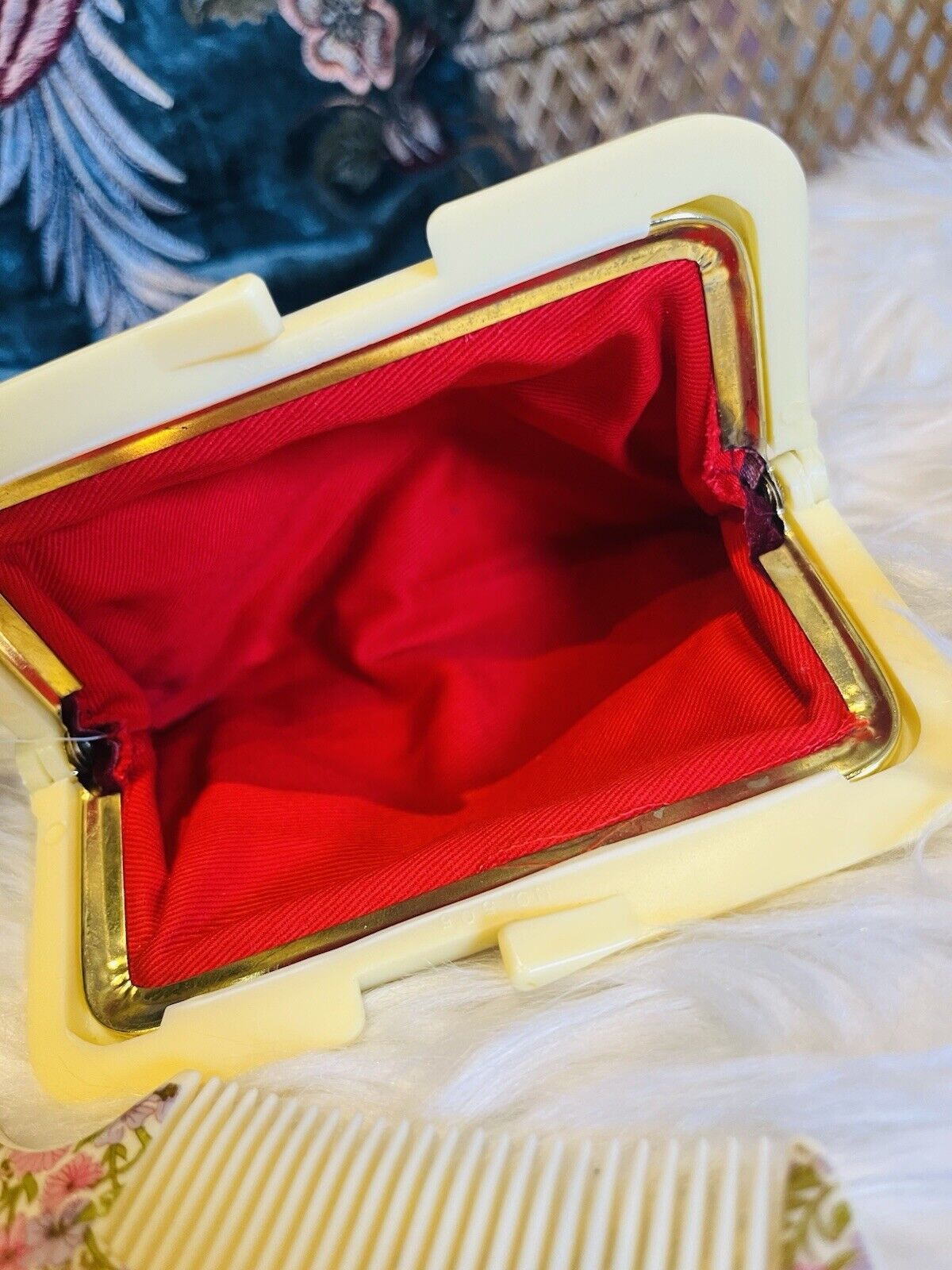 Vintage 1960s Purse And Comb Set Red Velvet With Ditsy Floral Trim Fully Lined