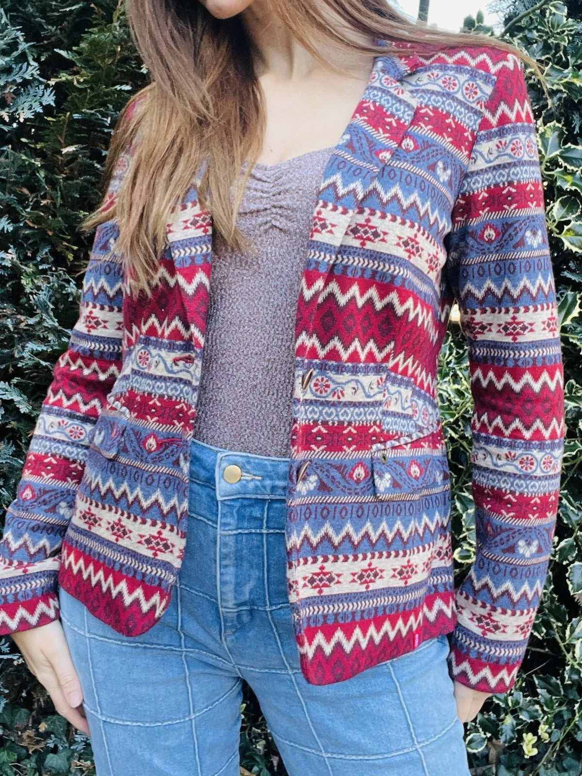 Vintage 1990s fair Isle Jacket Aztec Geometric Cardigan Blazer By Esprit 12
