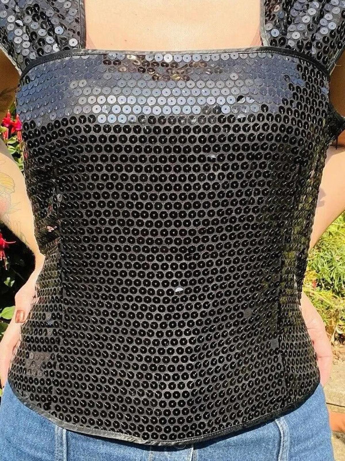 Vintage 1980s Sequin Top 16 Black Sparkly Evening Tank Vest Top Sleeveless Cami