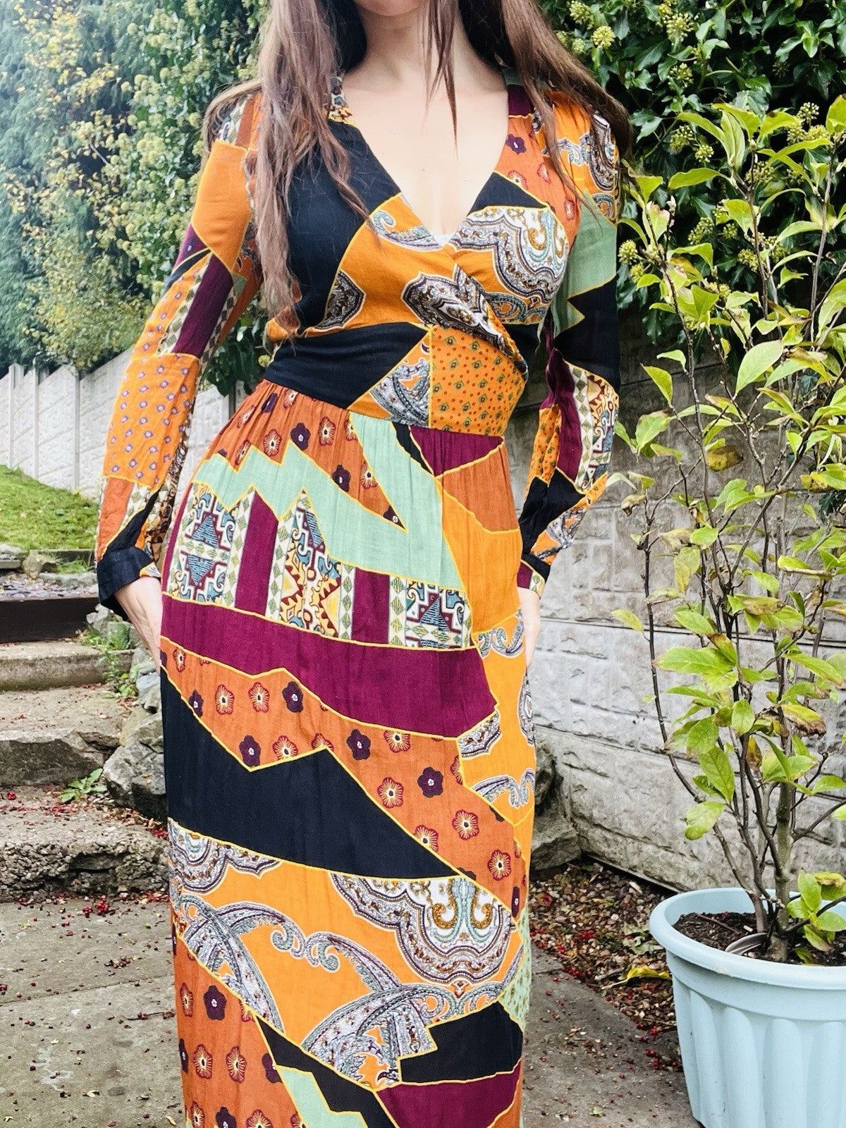 Long Sleeved Maxi Dress By Reserved Size 8-10 Orange Boho Hippie Retro Style