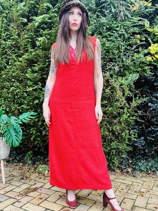 Vintage 1970s Maxi Dress Beaded Embellished Long Retro 70s Dress Red Size 14