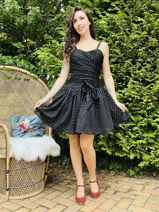 Vintage 80s Party Dress Ruched Waist A-line Puffy Skirt Polkadot With Bow 8-10