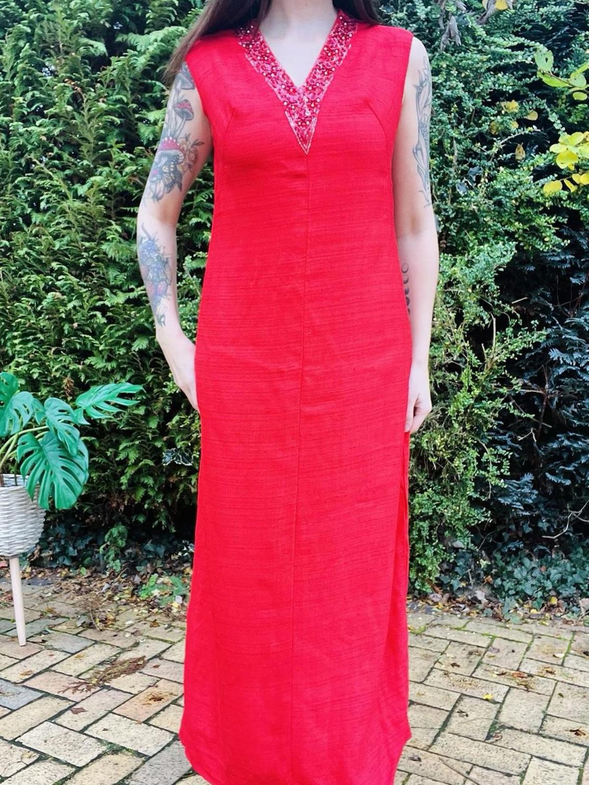 Vintage 1970s Maxi Dress Beaded Embellished Long Retro 70s Dress Red Size 14
