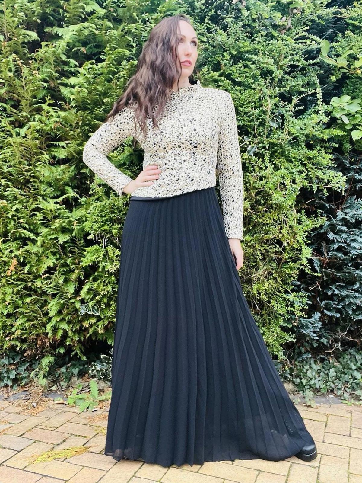 Vintage 1980s Cocktail Dress black size 10 Long Sleeve Sparkly Bodice Pleated