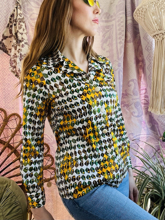 Vintage Blouse Bold Retro Print Collared Shirt Casual Or Formal Office Workwear
