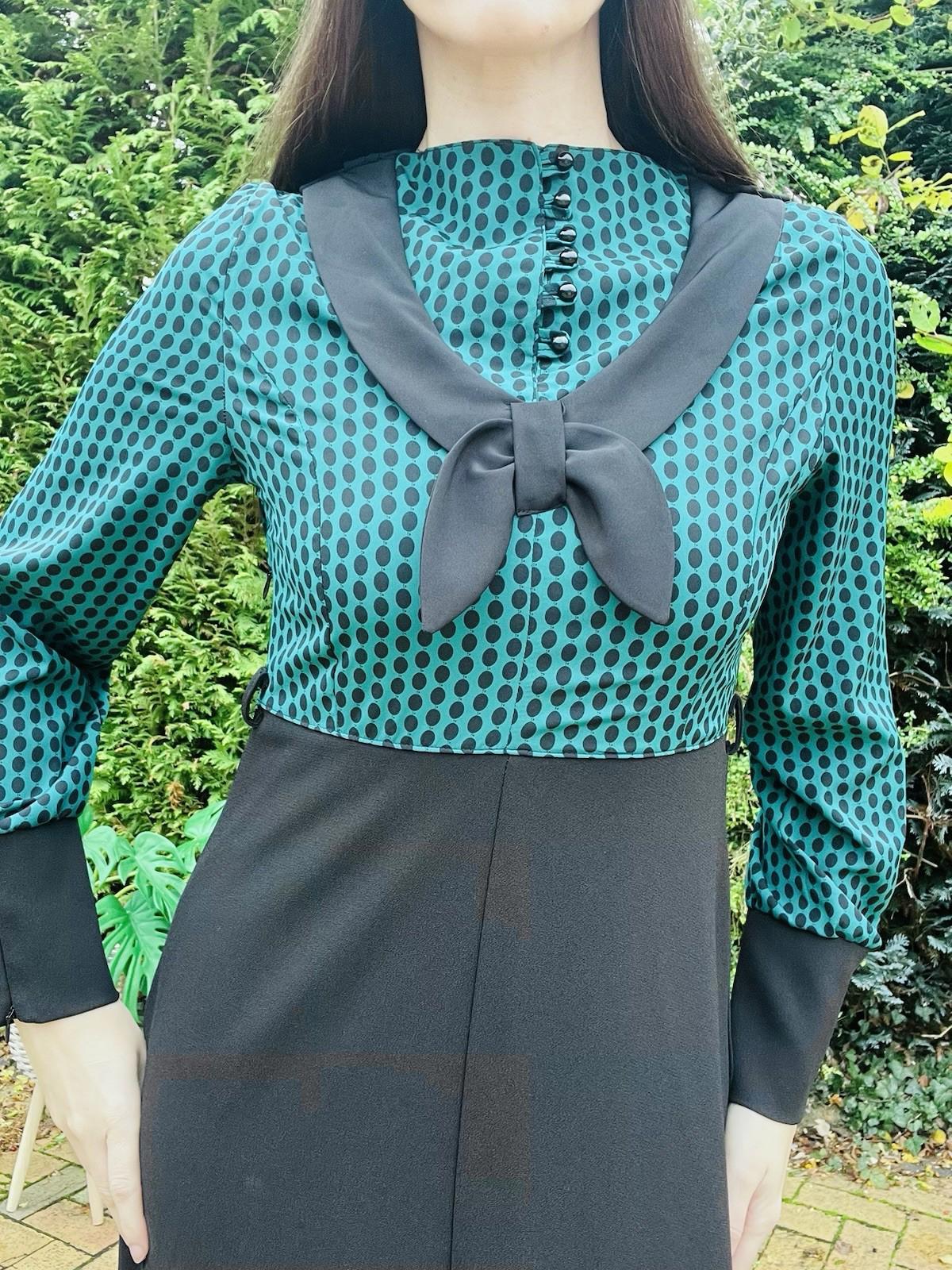 Vintage 1970s Long Dress Size 8 High Neck Long Sleeve Retro Polkadot Black Green