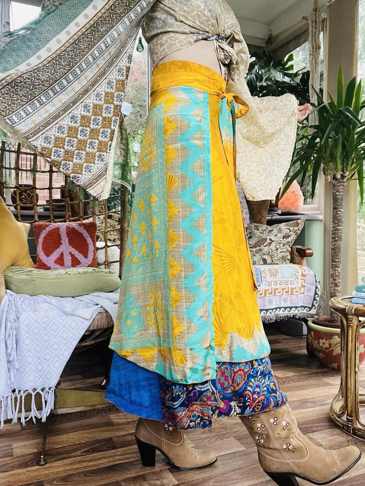 Layered Hippie Maxi Skirt Vintage Sari Silk Hippie Boho Long Gypsy Wrap Skirt