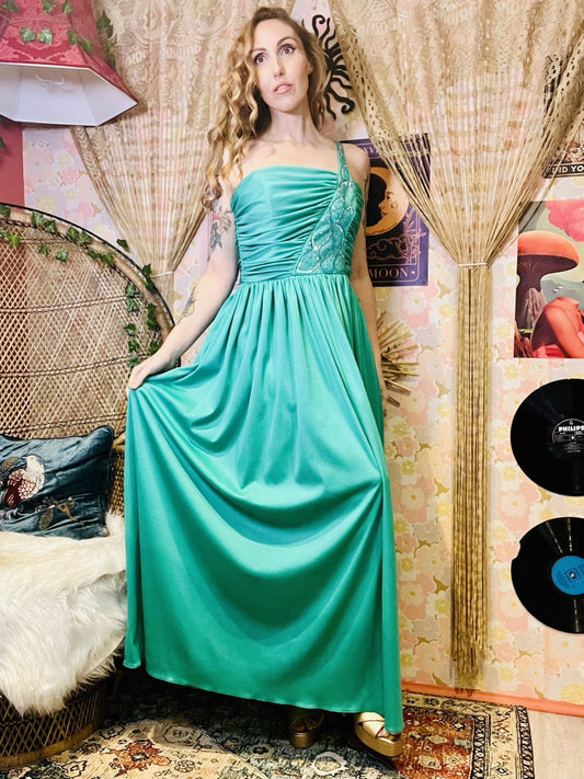 Vintage 1980s Cocktail Dress Fairycore Sequin Embroidered Evening Prom Gown 14