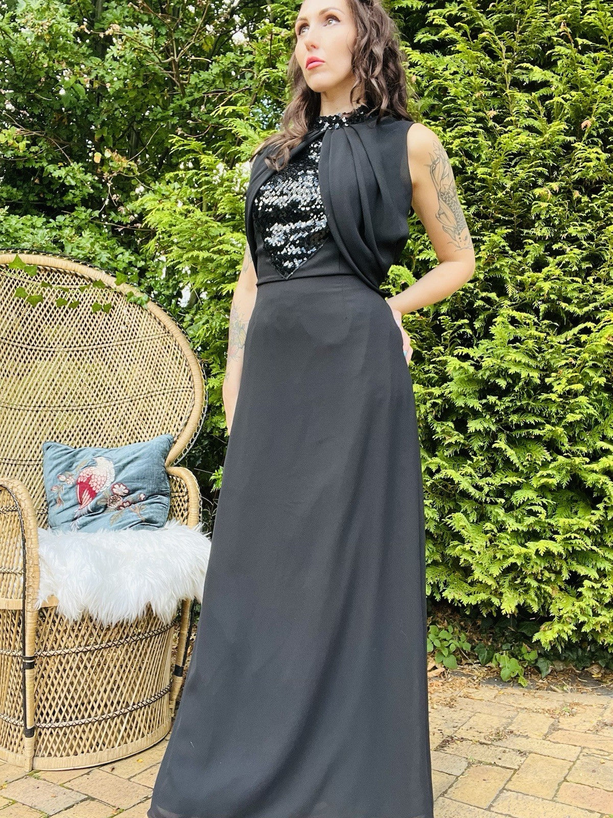 Vintage 1990s Cocktail Dress Long Cinched Waist With High Neck Sequins Black 14