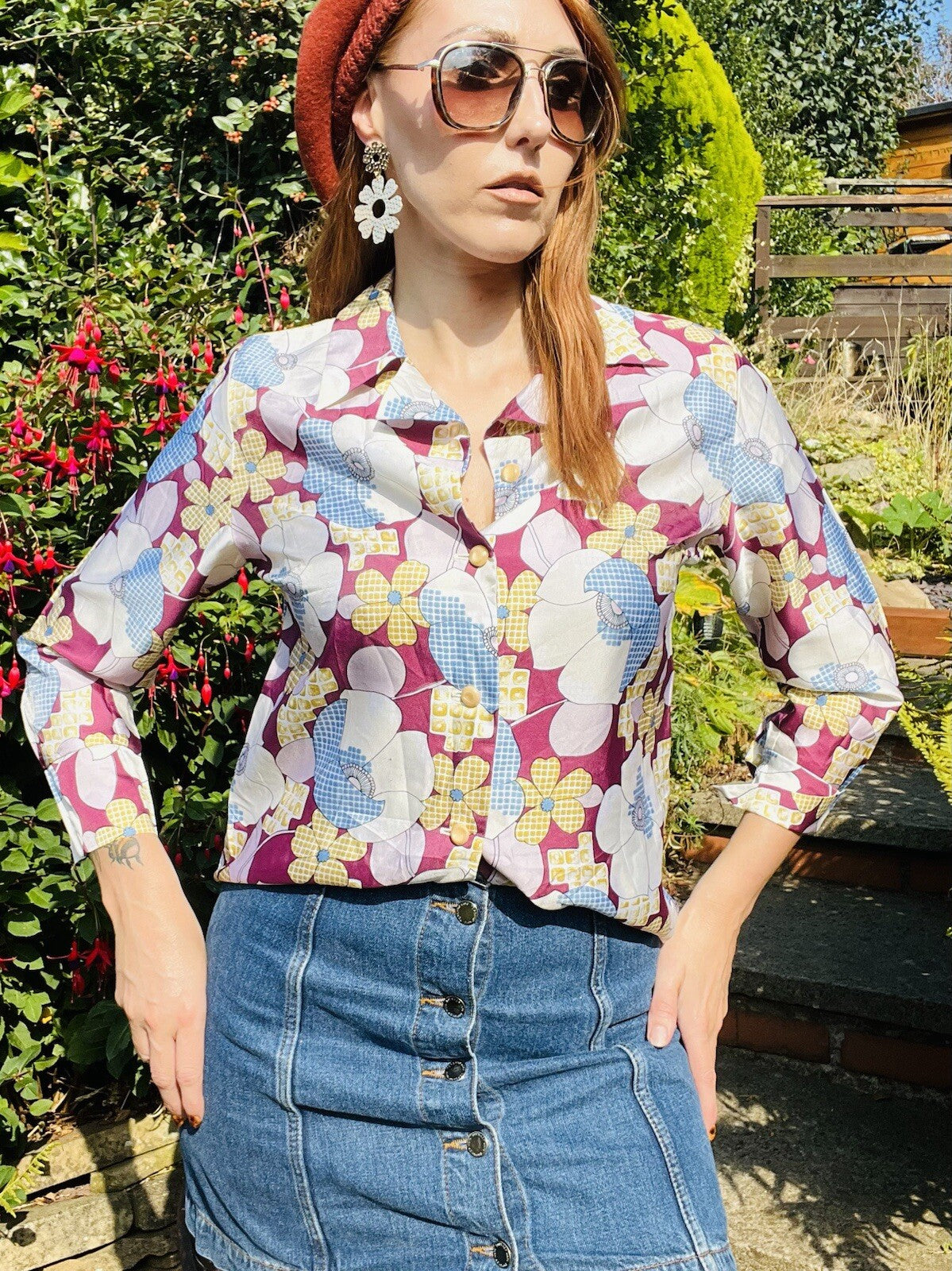 Vintage Retro Floral Shirt Bold Abstract Long Sleeved Blouse Size 12-14