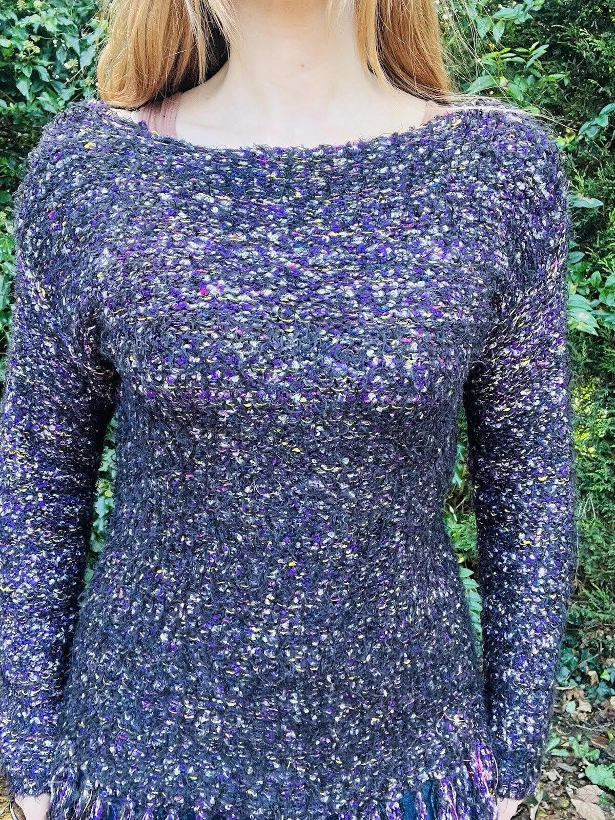 Fairycore Knit Jumper Frayed Tassel Hem Warm Cosy Whimsigoth Sweater Purple 8-12