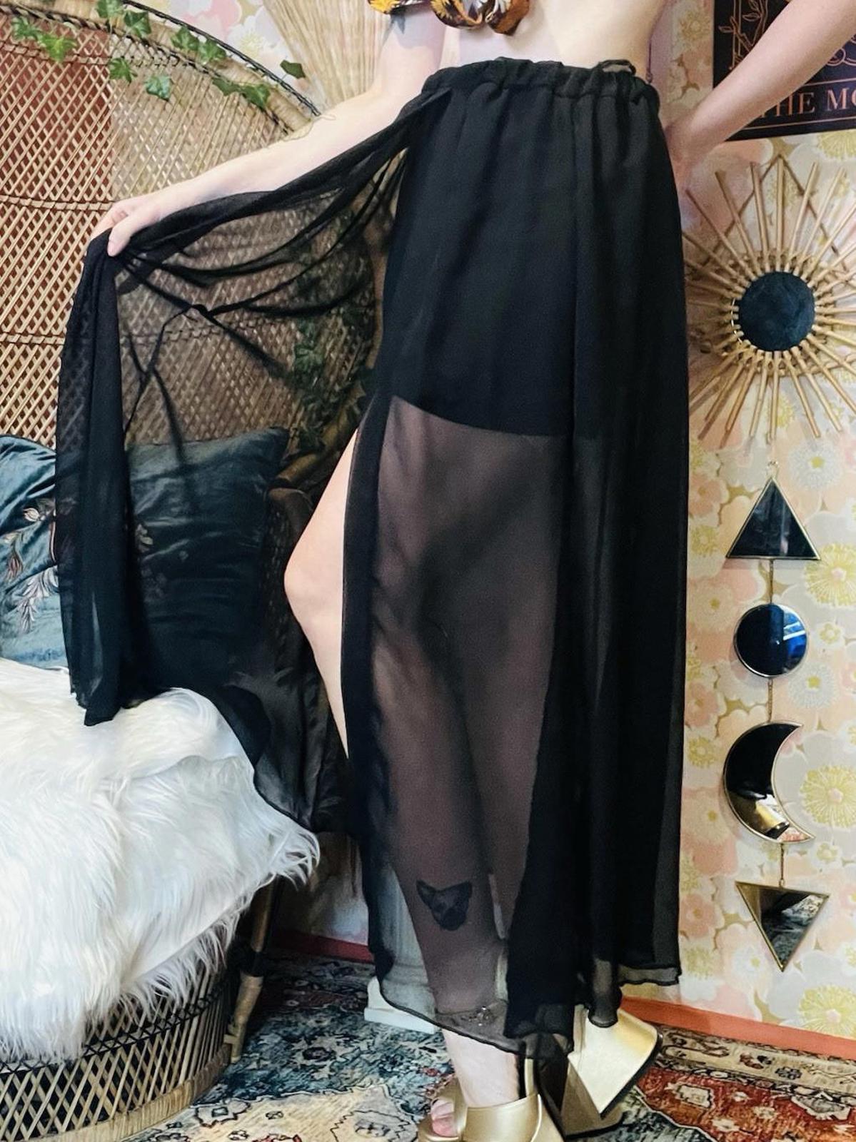 Vintage 1990s Sheer Skirt With Shorts And Slit Elasticated Waist Skort Black S
