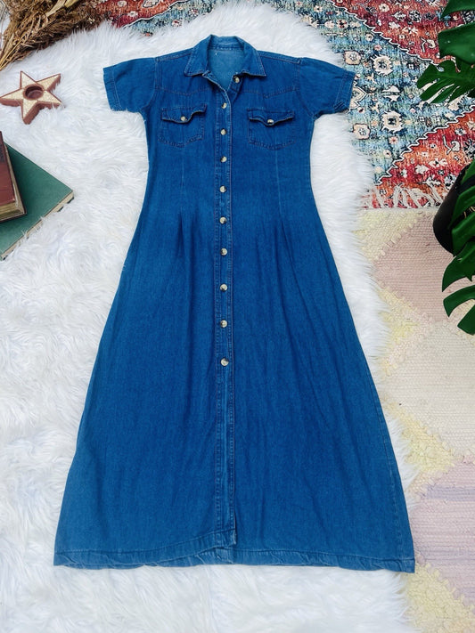 Vintage 1990s Denim Dress Long Button Down Short Sleeve Shirt Dress Blue Size 12