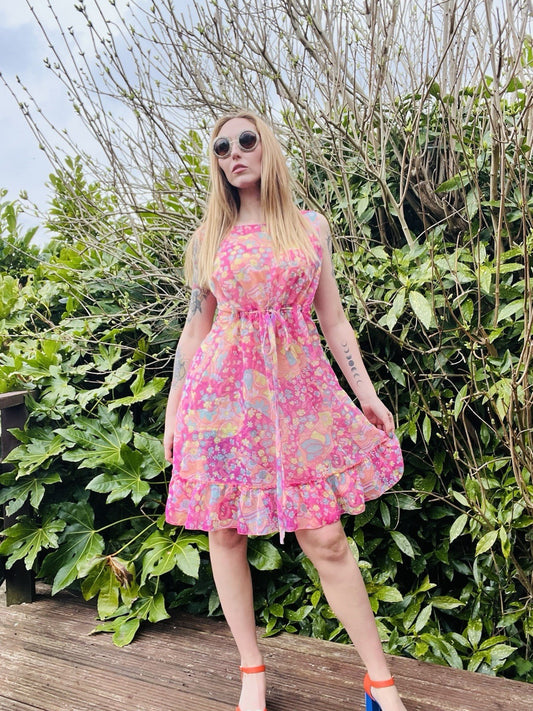 Vintage Y2K Sheer Dress 1960s Style Paisley Floral Ruffle Hem Baby Doll Slip 12
