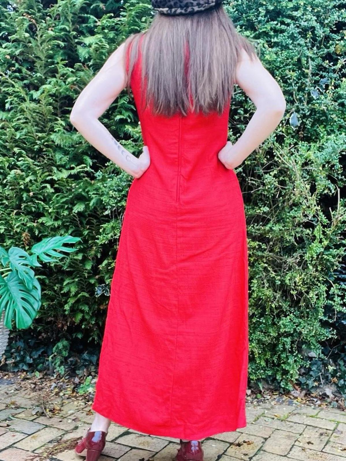 Vintage 1970s Maxi Dress Beaded Embellished Long Retro 70s Dress Red Size 14