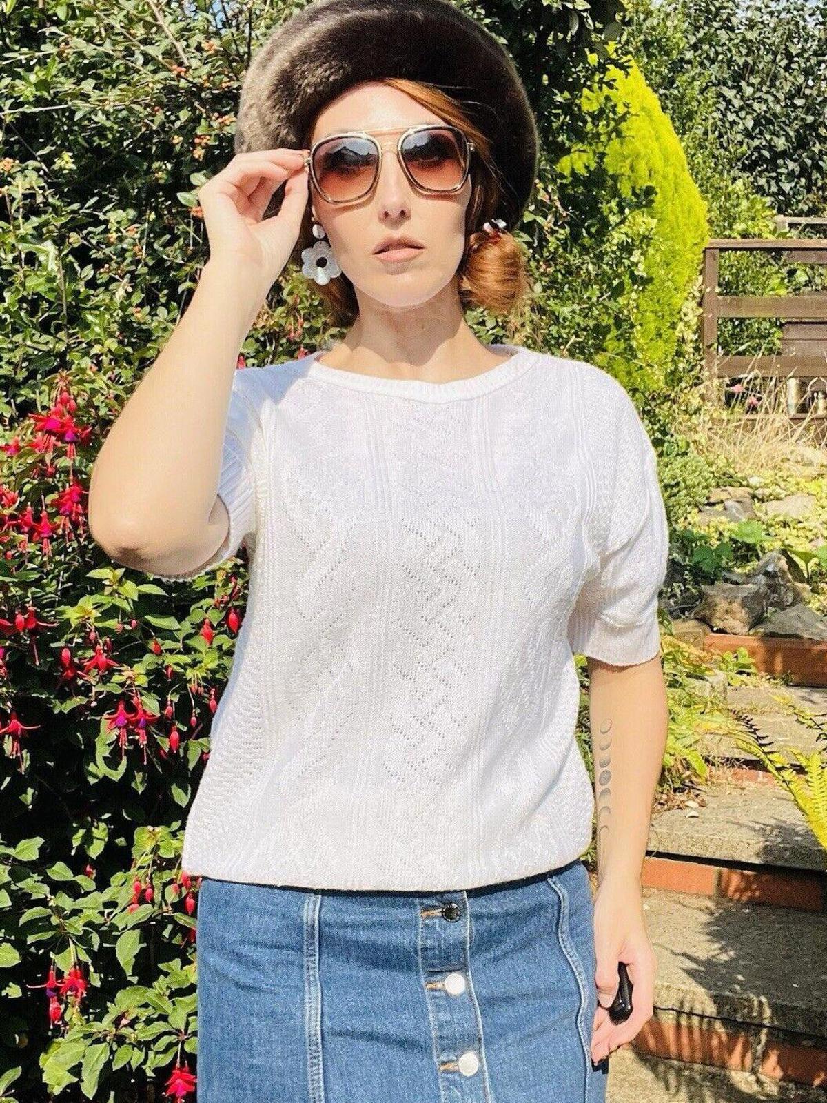 Vintage 80s Knitted Jumper By Canda Short Sleeve Lightweight Knit Sweater 12 14