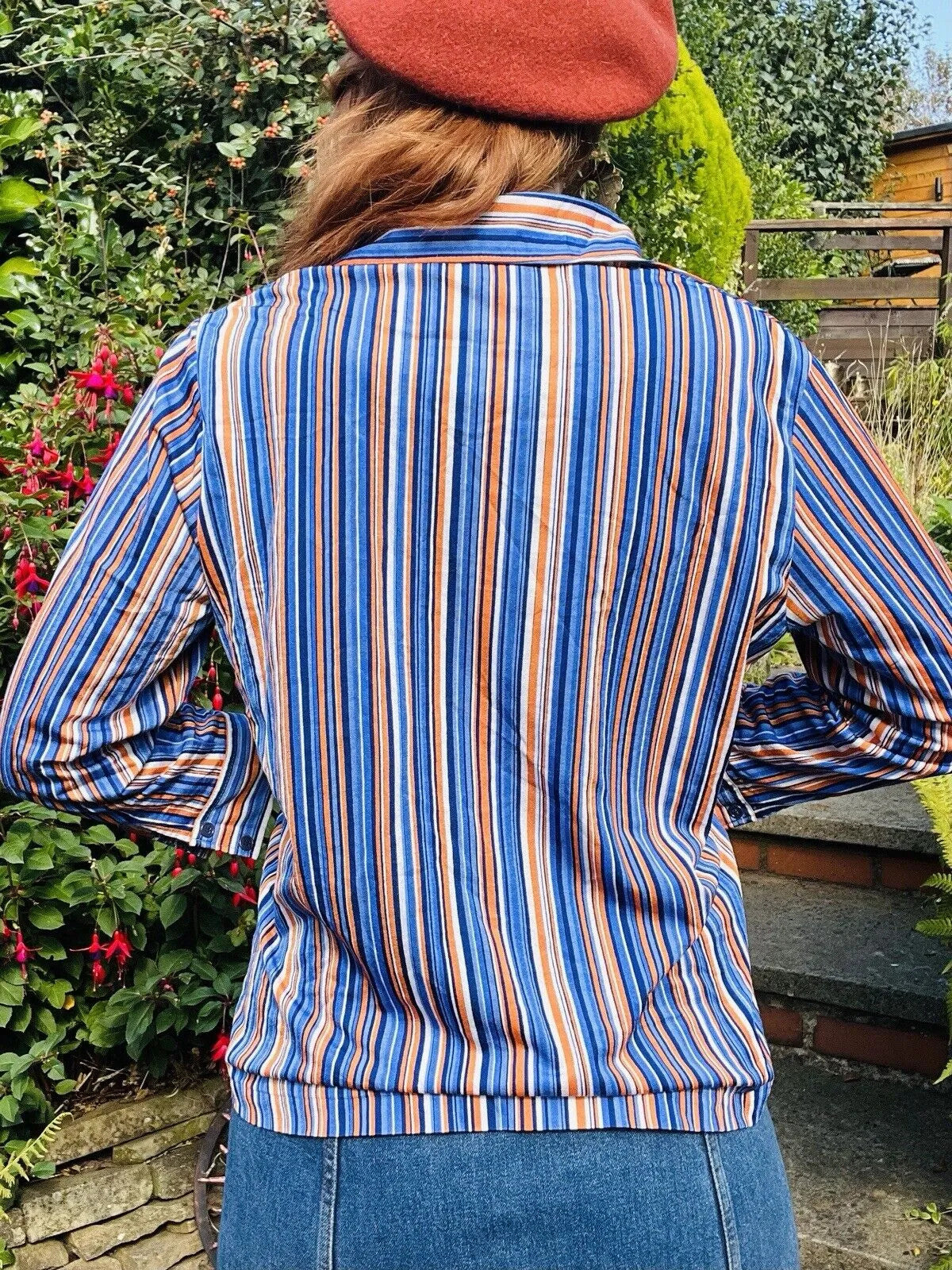 Vintage shirt Size 14 retro Striped blouse by Mireller blue orange