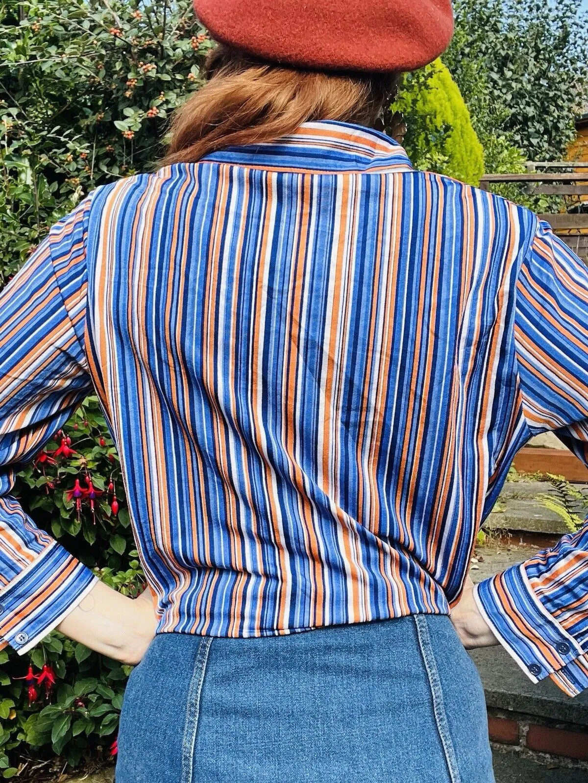 Vintage shirt Size 14 retro Striped blouse by Mireller blue orange