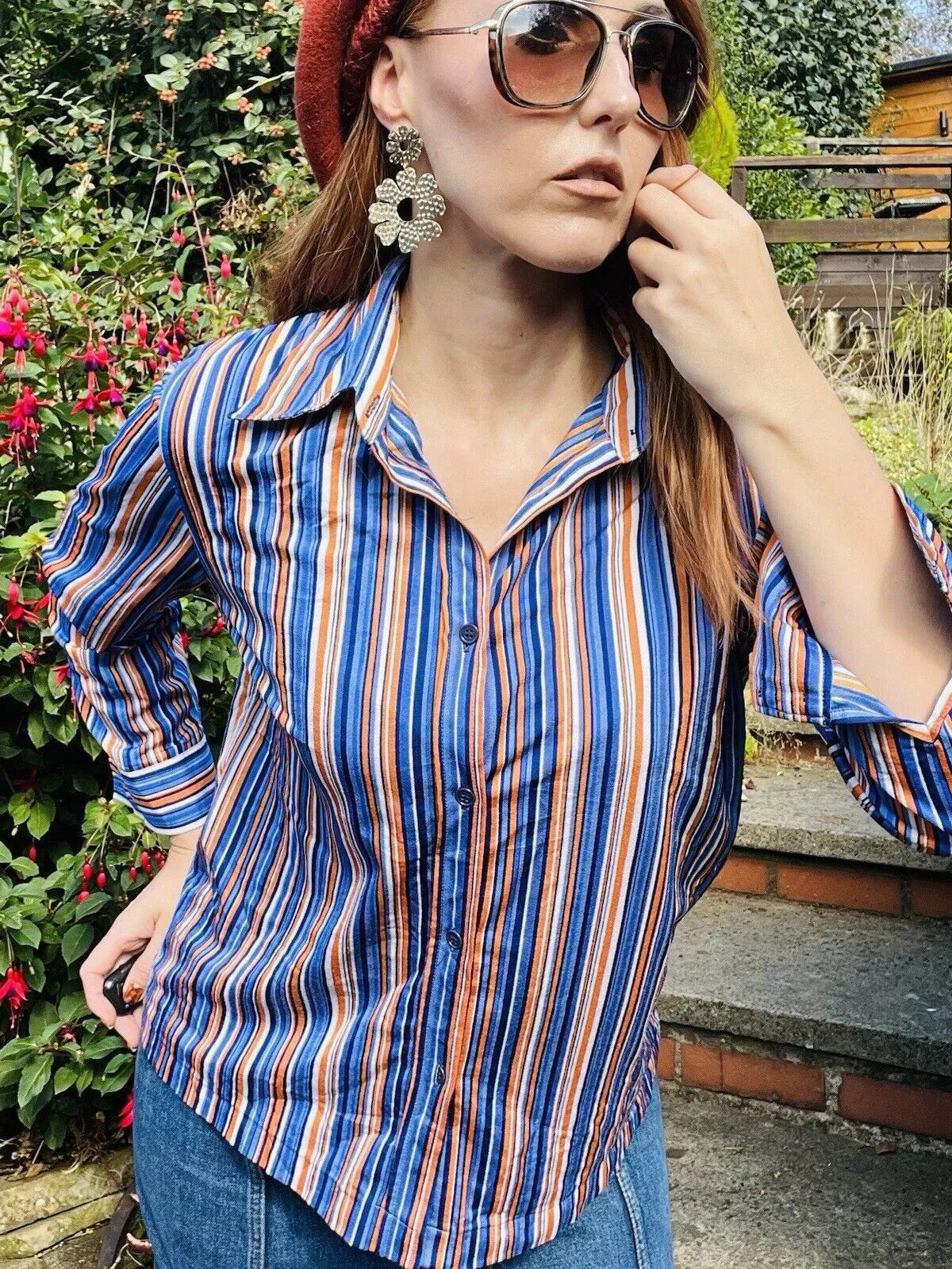 Vintage shirt Size 14 retro Striped blouse by Mireller blue orange