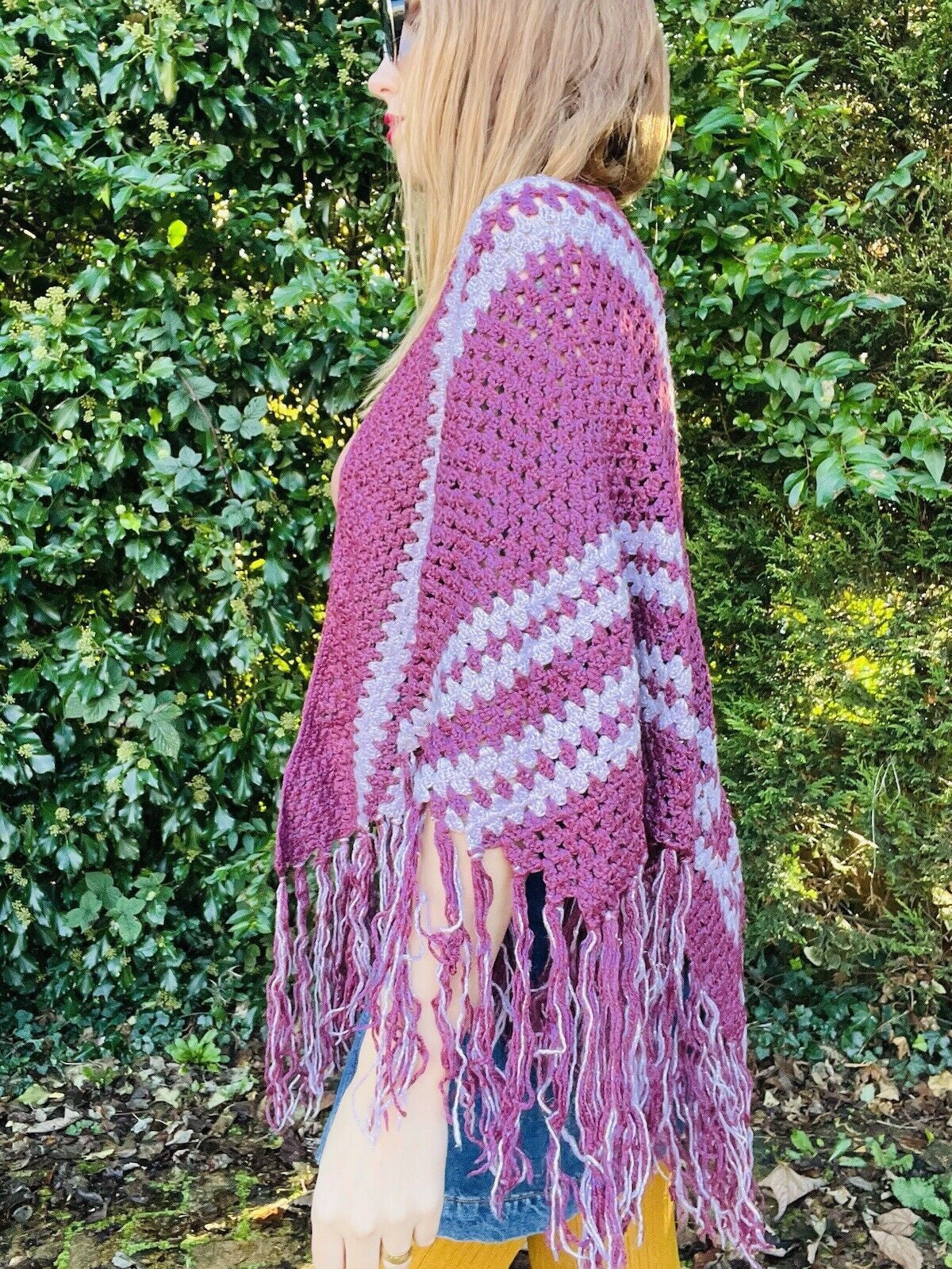 Vintage Knit Crochet Shawl Hippie Boho Triangle Wrap Cape Cottage Whimsy Scarf
