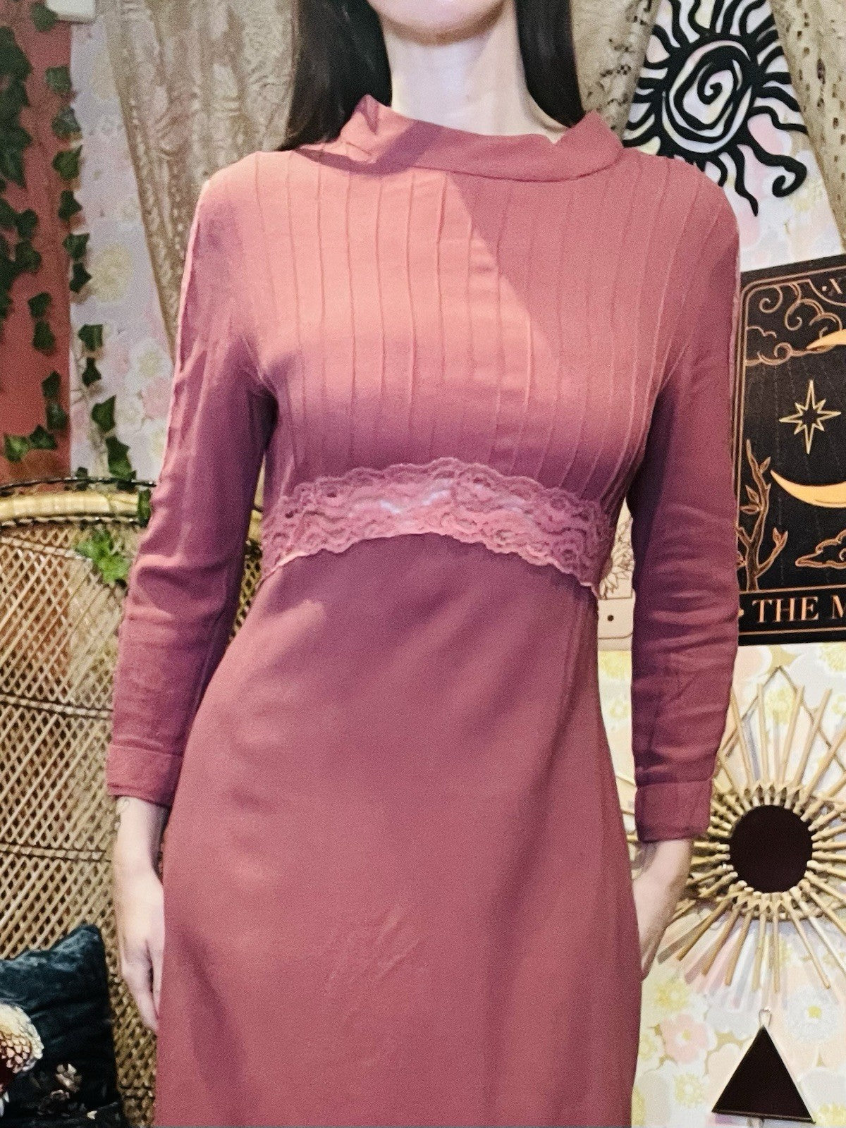 Vintage Y2K Slip Dress Pink Size 12 Long Sleeve High Neck Lace Cocktail Dress