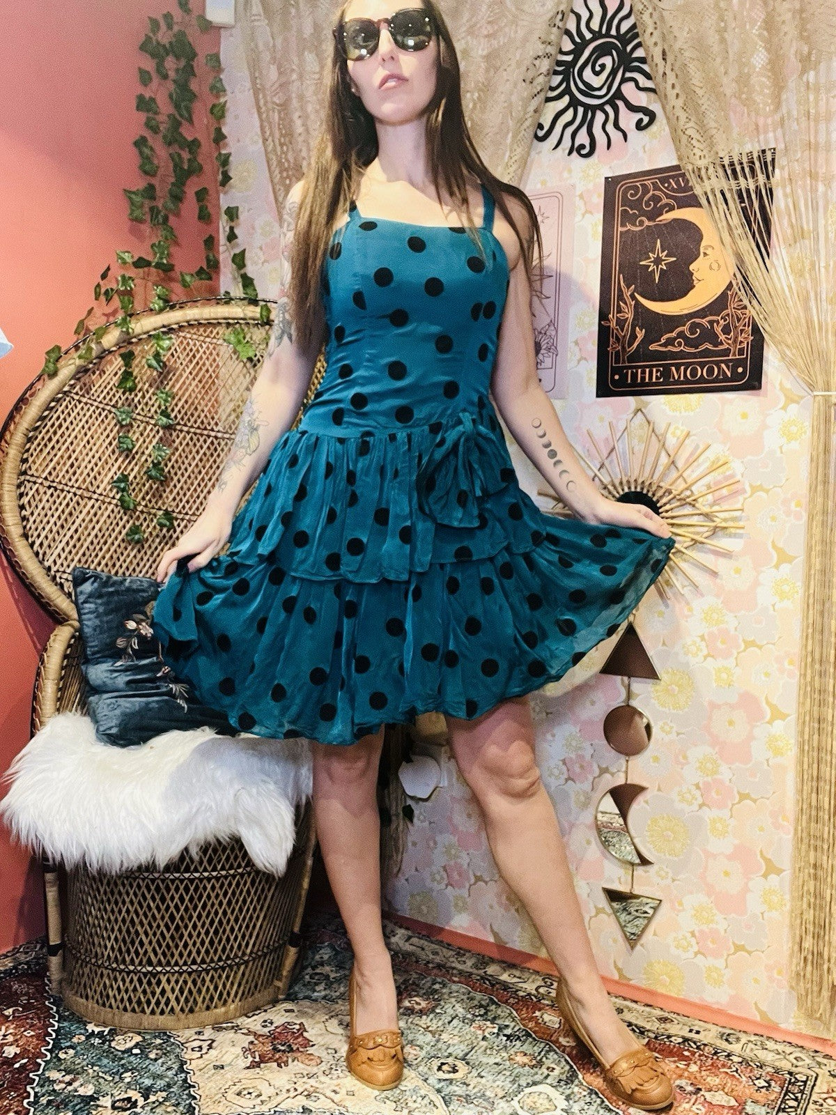 Vintage 80s Party Dress Size 8 Teal Polkadot Layered Retro 80s Fancy Dress