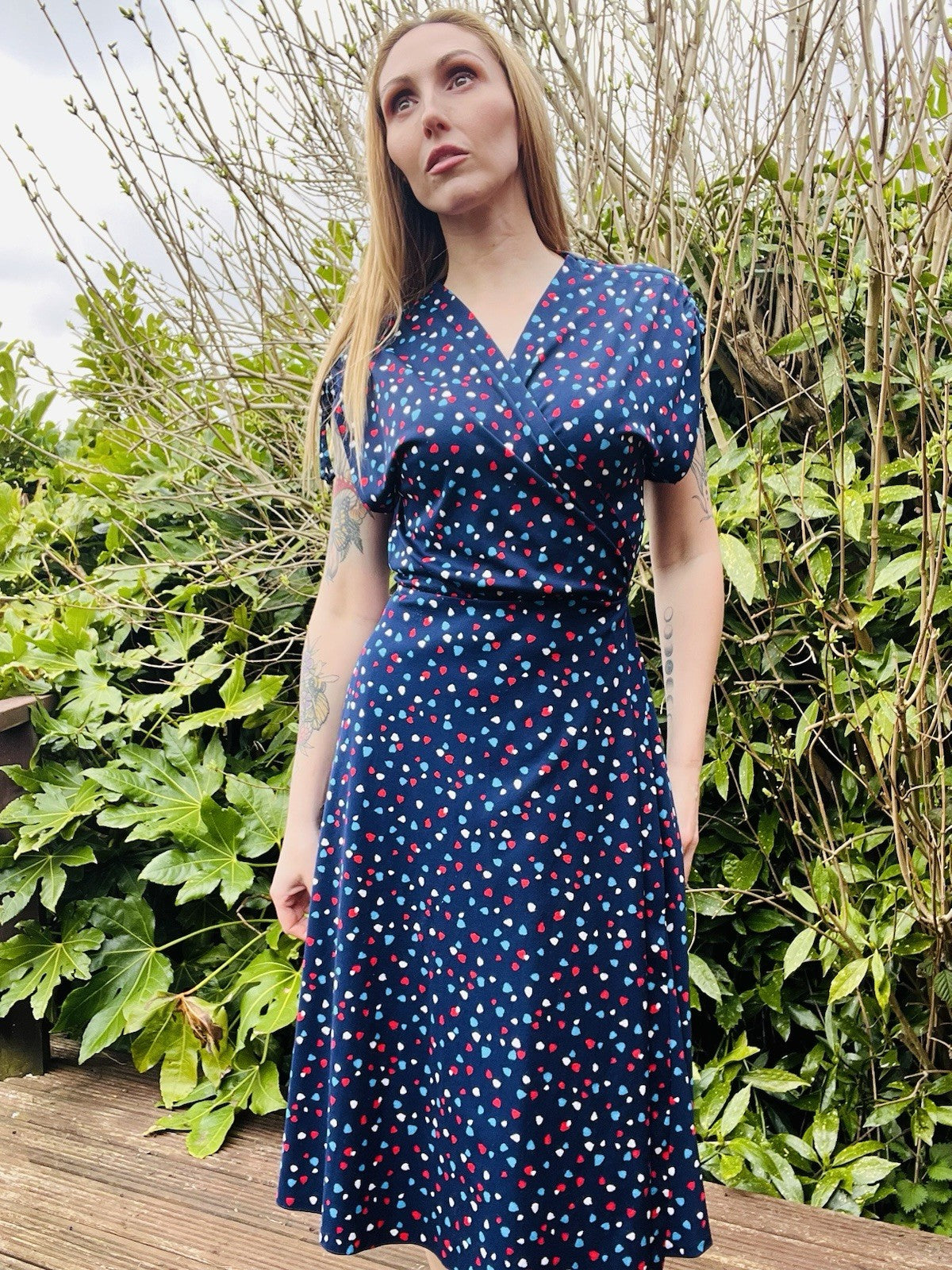 Vintage 1980s Wrap Dress Summer Polkadot Midi Dress With Short Sleeves 12-14