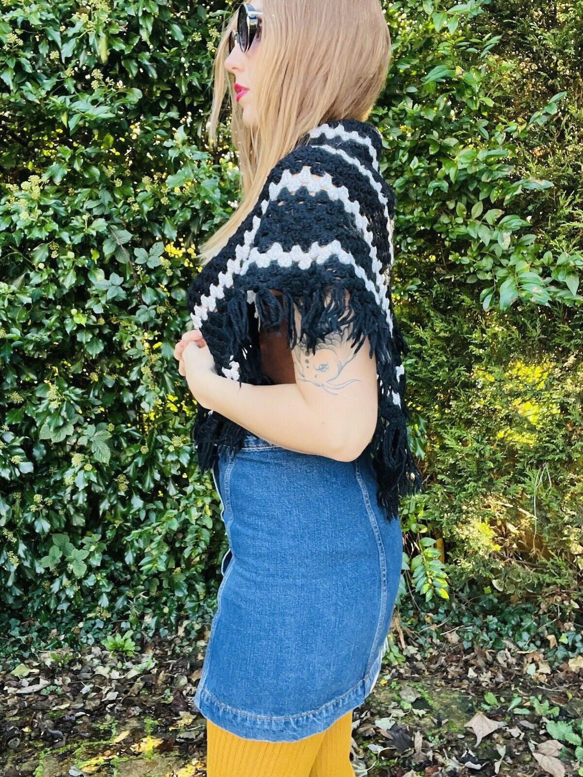 Vintage Boho Crochet Shawl Hippie Triangle Knit Wrap Cape Cottage Whimsy Scarf