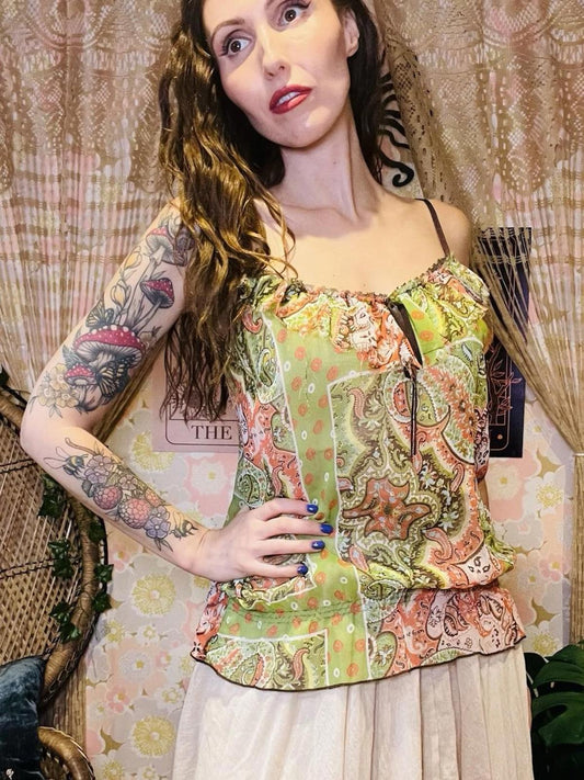 Vintage Y2K Cami Top Sheer Paisley Frilly Vest Top By Morgan Size 14