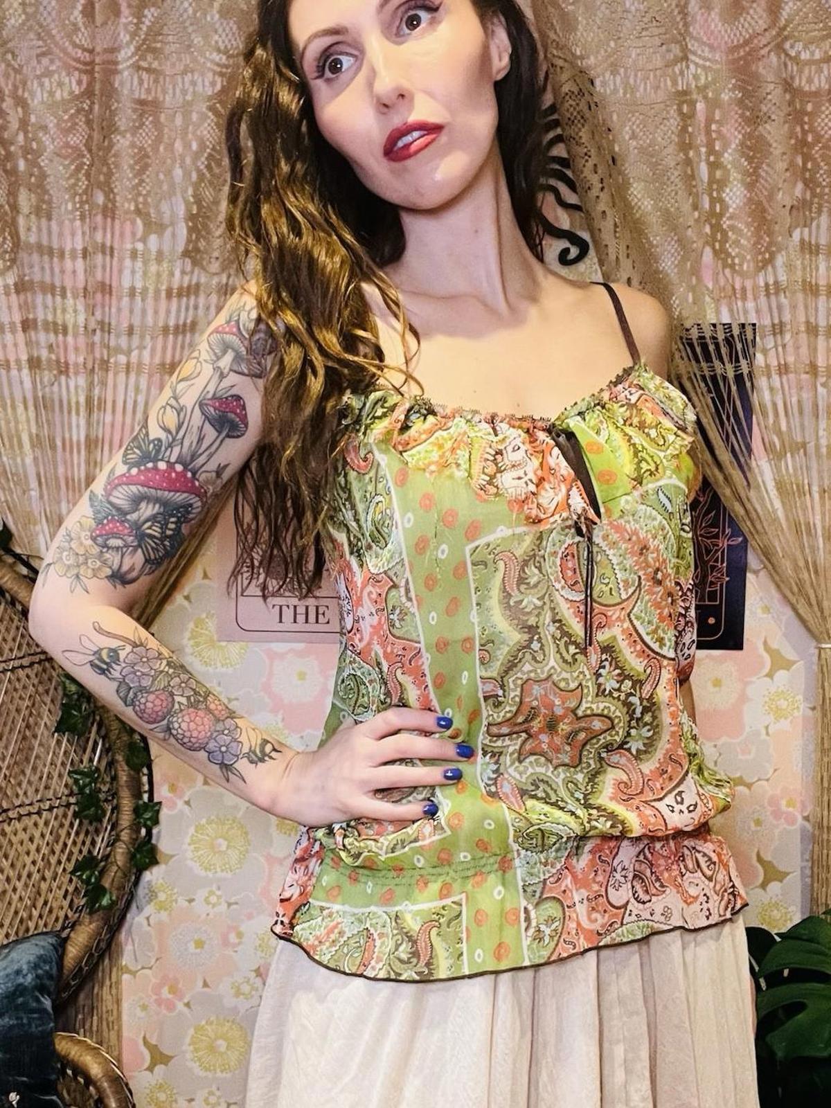 Vintage Y2K Cami Top Sheer Paisley Frilly Vest Top By Morgan Size 14