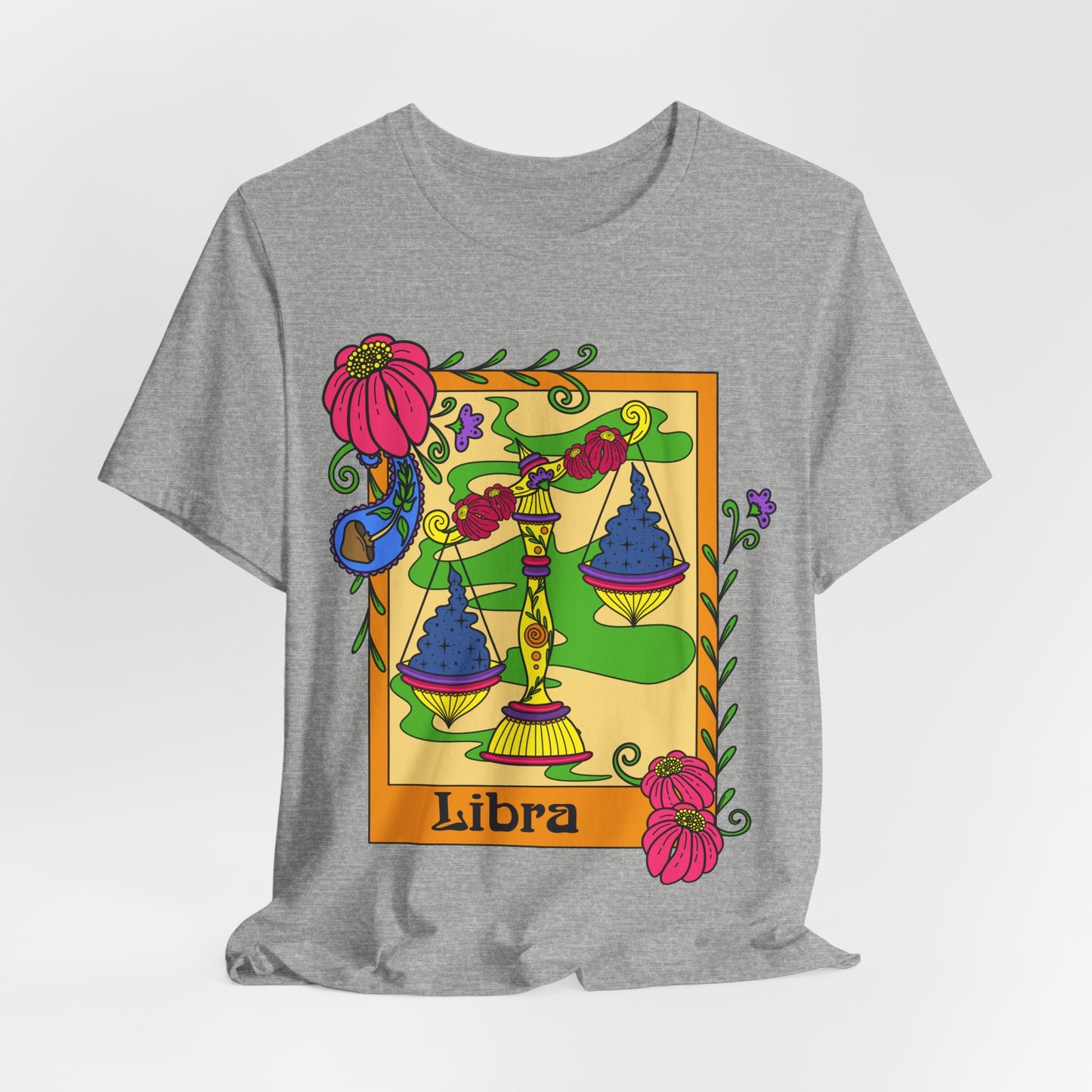 Libra star sign T-Shirt, scales zodiac astrology top, Horoscope birthday gift Tee, Bold retro colourful Design tshirt