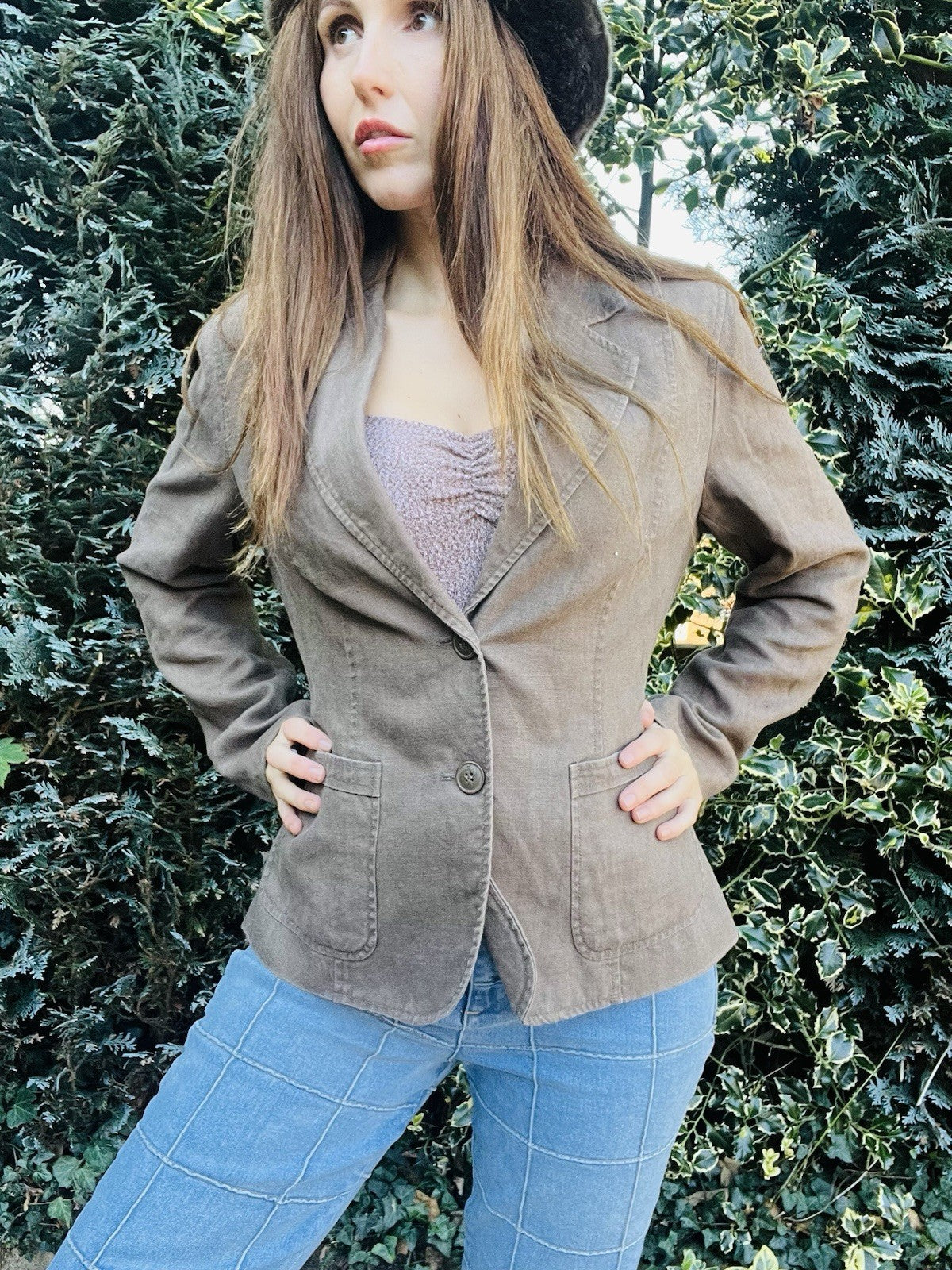 Vintage Y2K Jacket By Per Una, Lined Cotton Blazer With Pockets - Brown Size 14
