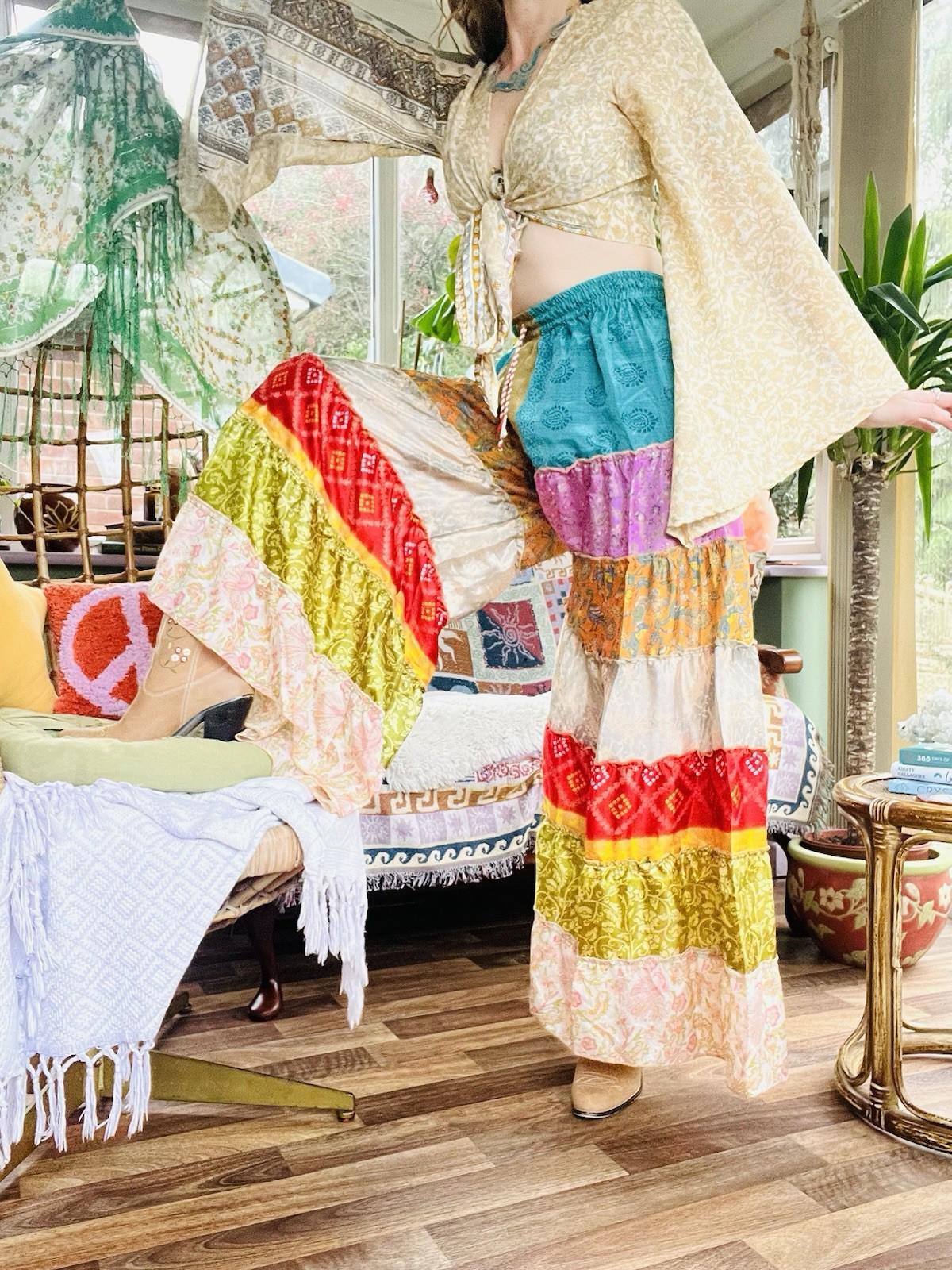 Wide Leg Trousers Vintage Patchwork Layered Sari Silk Hippie Boho Gypsy Pants M