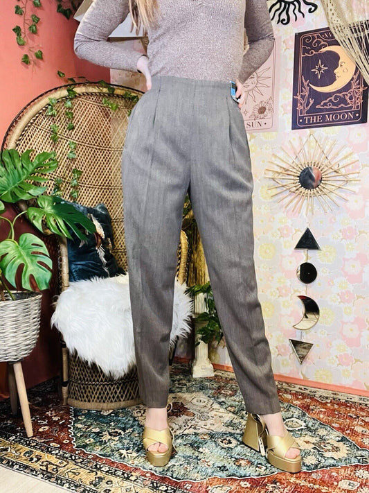 Vintage 80s Work Trousers By St Michael Tailored Tapered Long Leg Grey/beige 10