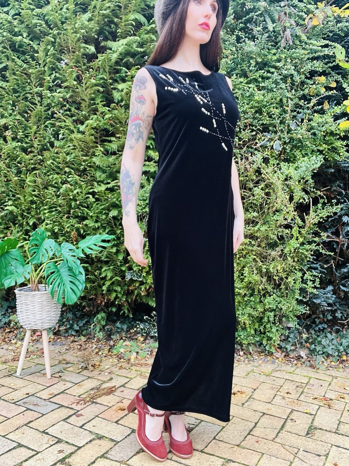 Vintage 90s Velvet Dress Black Size 14 Whimsigoth Sequin Long Cocktail Dress