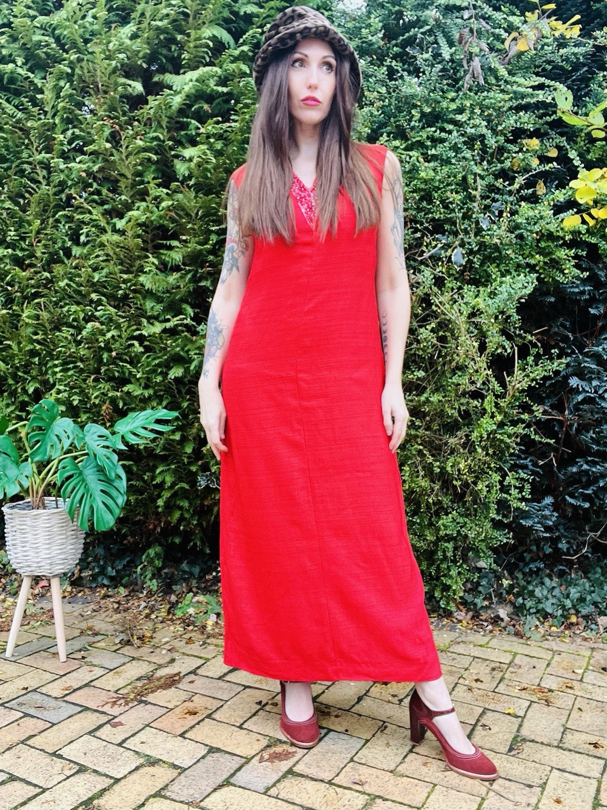 Vintage 1970s Maxi Dress Beaded Embellished Long Retro 70s Dress Red Size 14