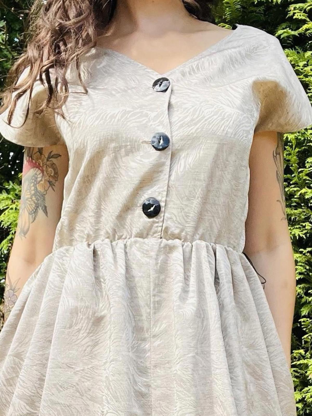 Vintage 1980s Party Dress With Puff Ball Skirt And Button Front Beige Size 10