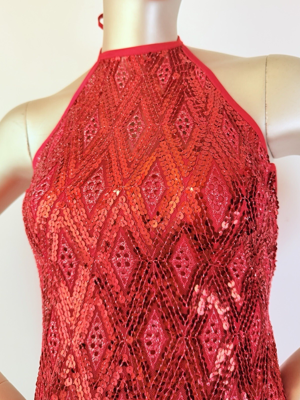 Vintage 1980s Festival Dress Sequin Tassel Western Halterneck Flapper Red S 6