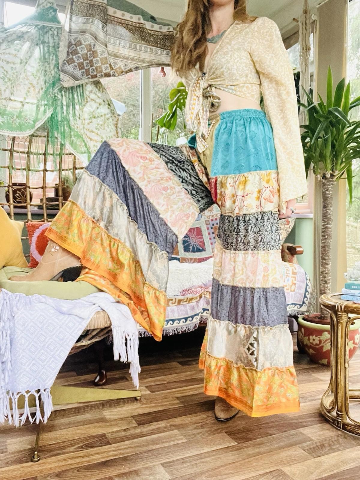 Wide Leg Trousers Vintage Patchwork Layered Sari Silk Hippie Boho Gypsy Pants M