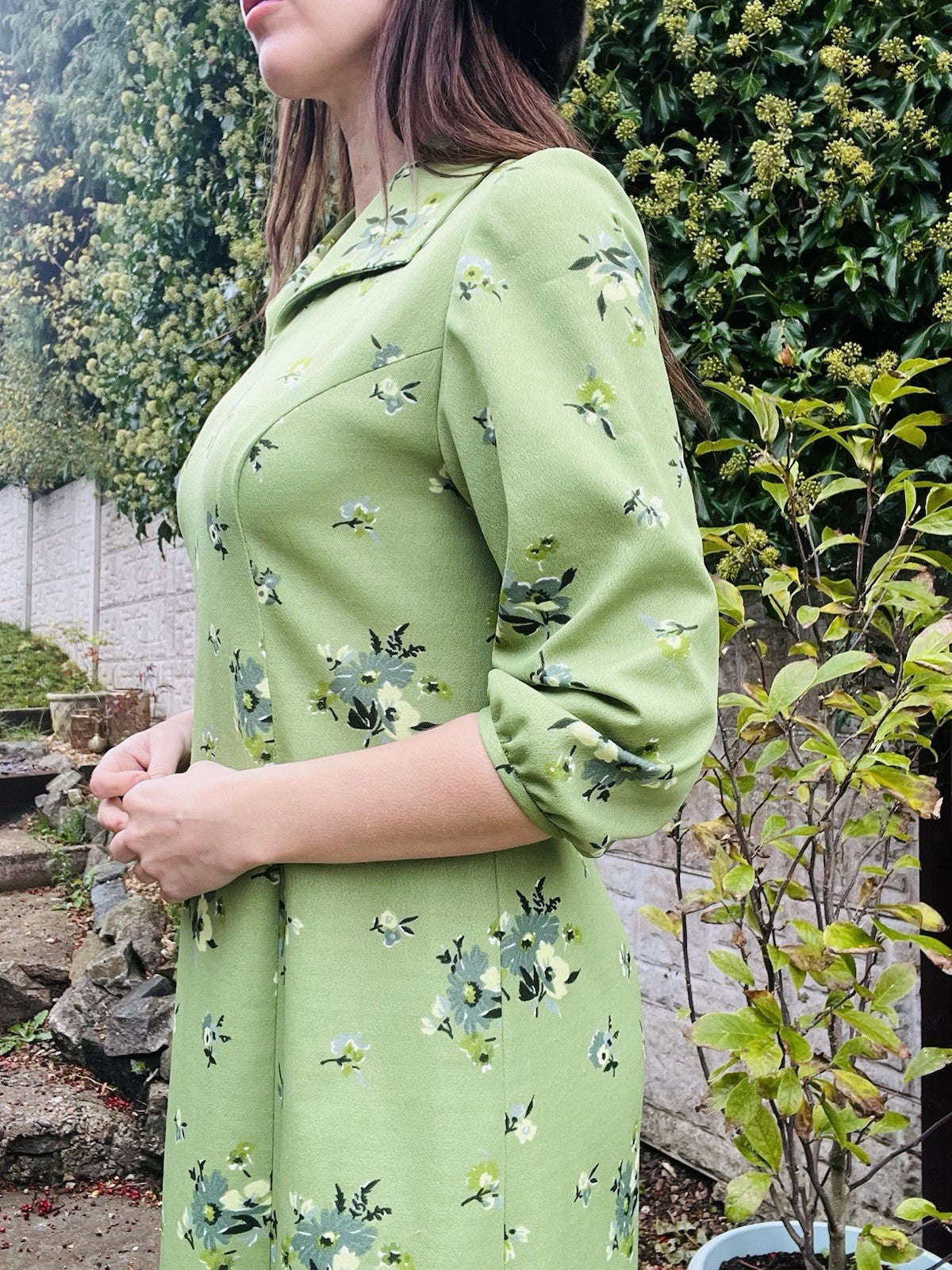 Vintage 1960s Tea Dress Green Size 14 Ditsy Floral Autumn Collared Midi Dress
