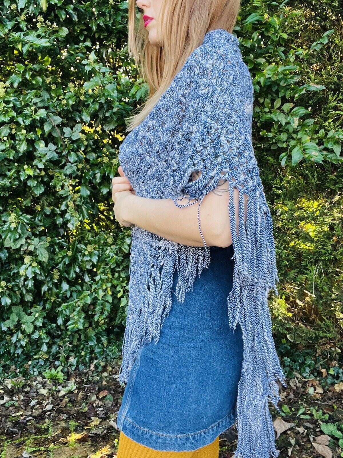 Vintage Boho Crochet Shawl Hippie Triangle Knit Wrap Cape Cottage Whimsy Scarf