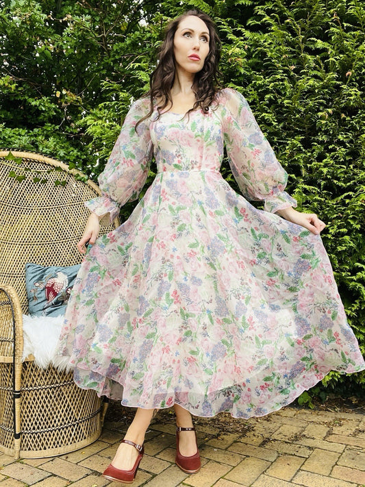 Vintage 1980s Fairycore Dress Long Floaty Floral Prom Cocktail Dress Size 8