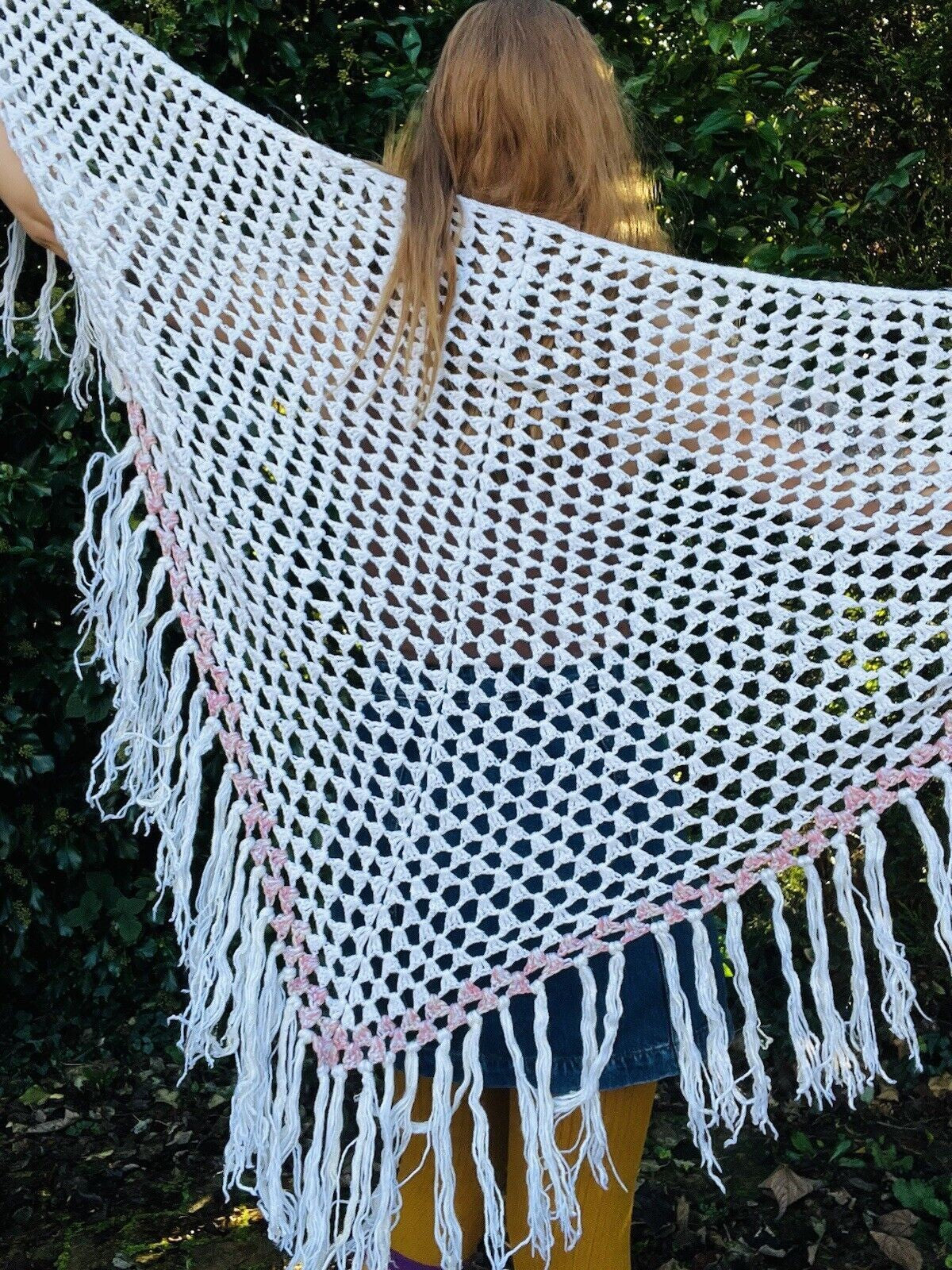 Vintage Knit Crochet Shawl Hippie Boho Triangle Wrap Cape Cottage Whimsy Scarf