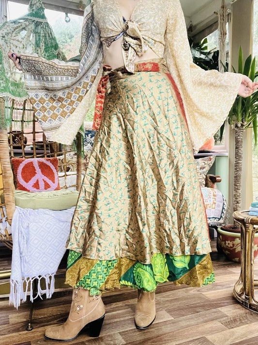 Layered Hippie Maxi Skirt Vintage Sari Silk Hippie Boho Long Gypsy Wrap Skirt