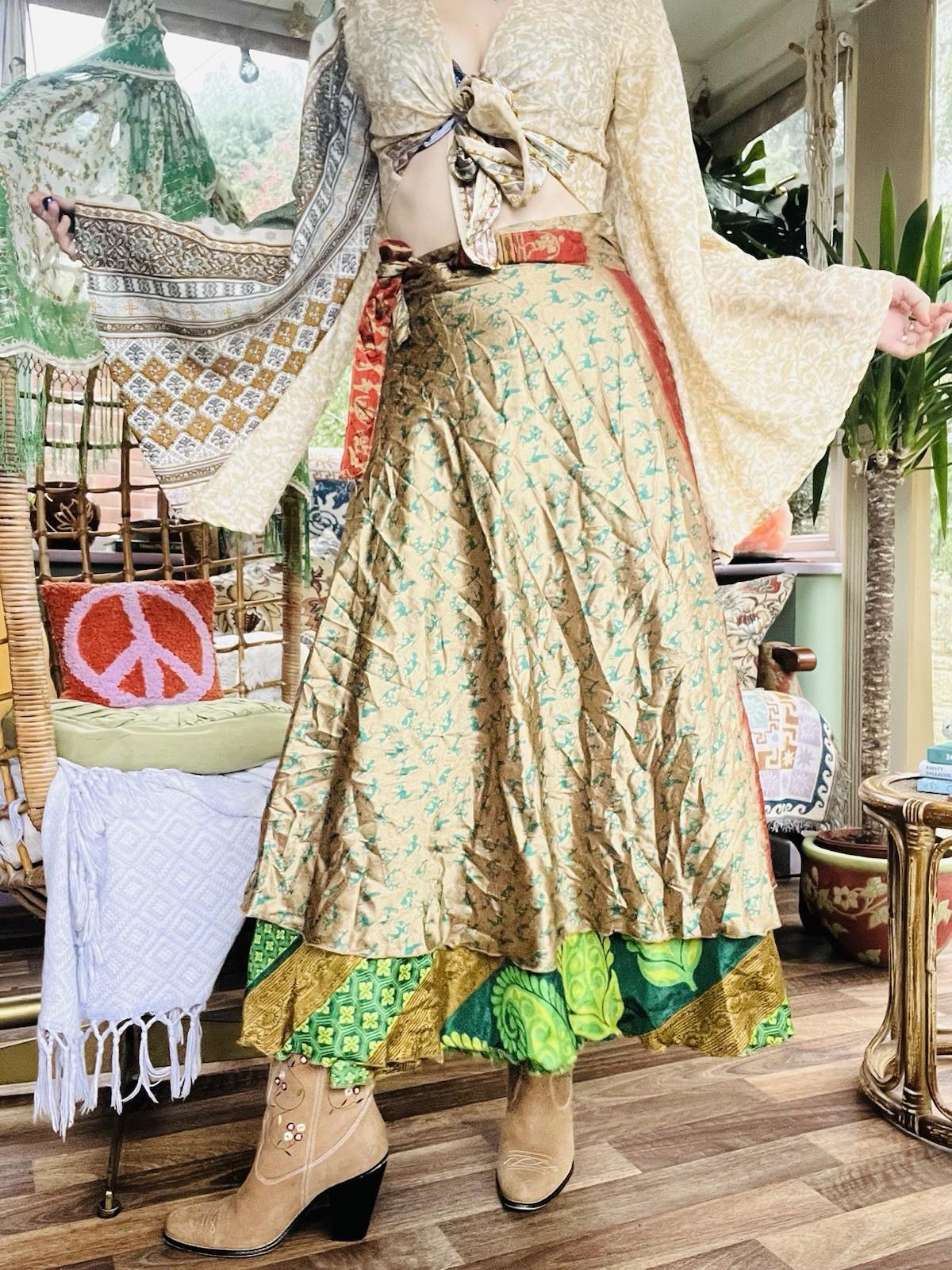 Layered Hippie Maxi Skirt Vintage Sari Silk Hippie Boho Long Gypsy Wrap Skirt