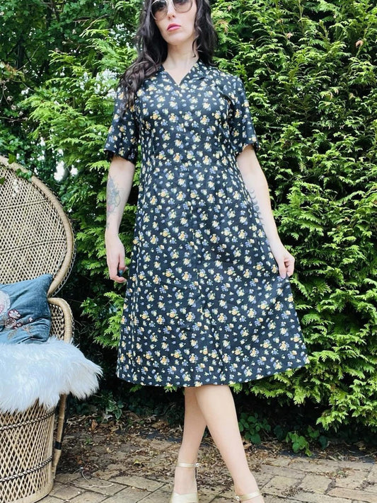 Vintage 1960s Shirt Dress Ditsy Floral Hippie Boho Summer Dress Size 14