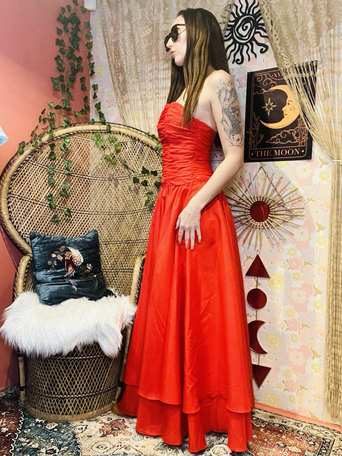 Vintage 1980s Cocktail Dress Size 8 Red Strapless Evening Layered Ball Gown