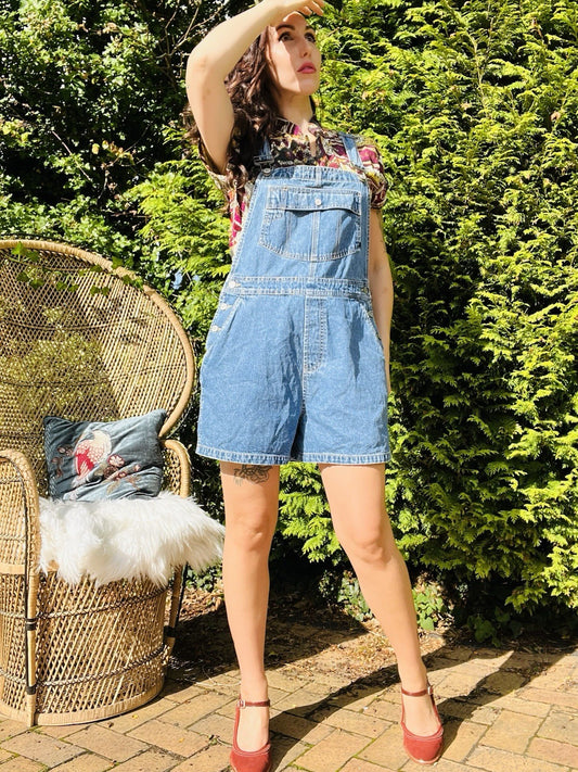 Vintage 1990s Dungaree Shorts Denim Retro Pinafore Short Romper Boiler Suit M